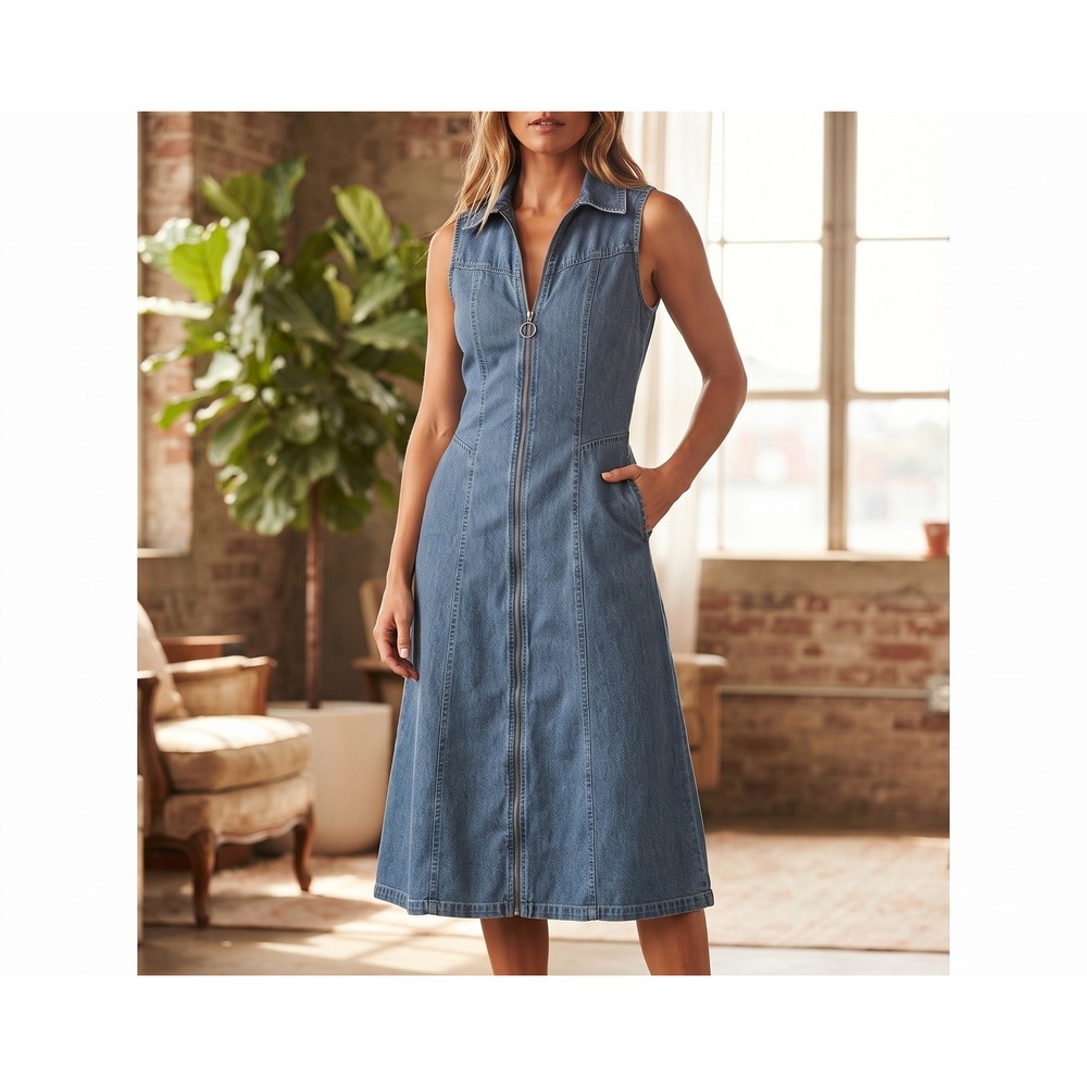 Given Kale Denim Dress Women Medium Blue 100% Cotton Zip Front Sleeveless Midi